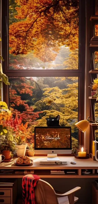 Cozy autumn desk with vibrant fall leaves view.