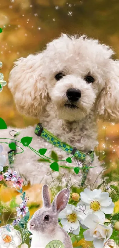 Cute dog in autumn forest setting with flowers and animals.