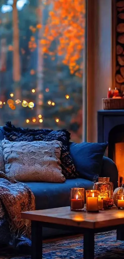 Cozy living room with fireplace and candles by a window.