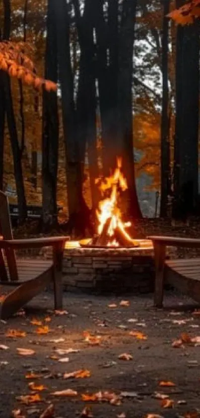 Two wooden chairs by a campfire in an autumn forest.