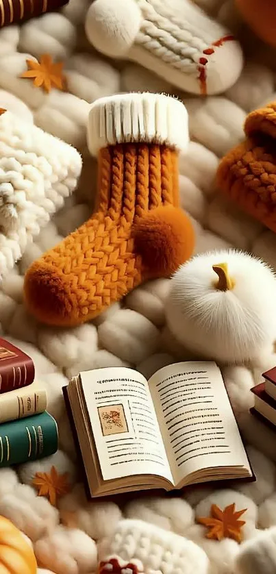 Cozy autumn setup with knitted socks, books, and soft textures.