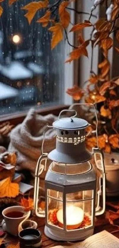 Cozy autumn scene with lantern and leaves by the window.