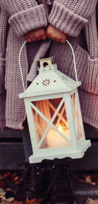 A cozy scene with a lantern and autumn leaves.