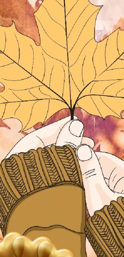 Illustrated autumn leaf held in hands, warm colors.