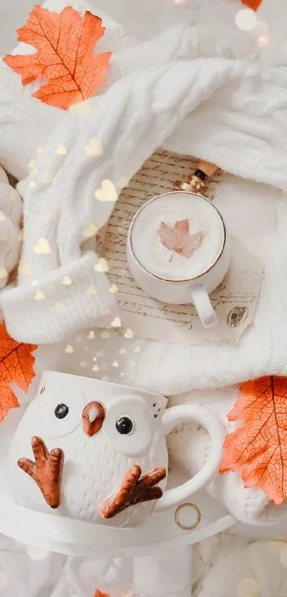 Cozy autumn scene with owl mug, leaves, and fabric textures.