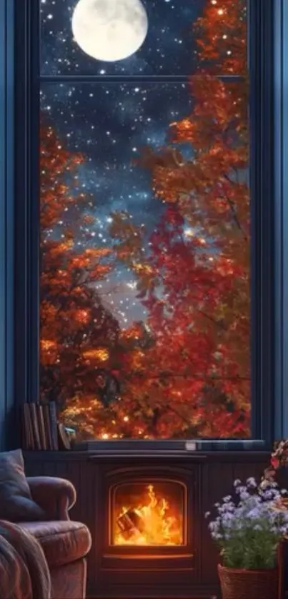 Moonlit window with autumn foliage and cozy fireplace.