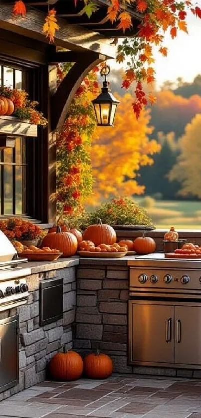 Outdoor kitchen with pumpkins and autumn leaves creating a cozy atmosphere.