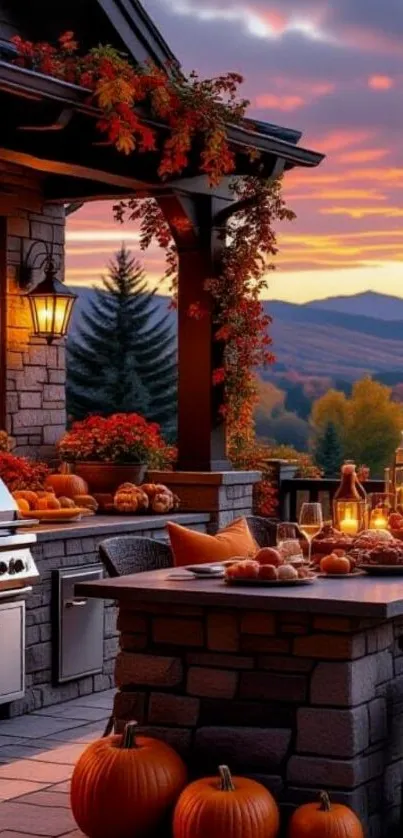 Autumn patio view with pumpkins and sunset lighting.