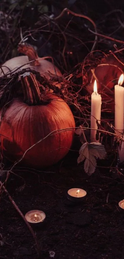 Pumpkins and candles create a cozy autumnal mobile wallpaper.