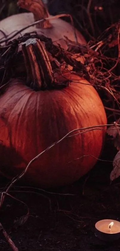 Autumn pumpkin with candles in warm tones.