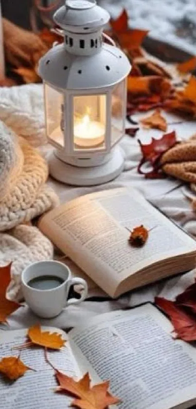 Cozy autumn scene with a lantern, books, and leaves on a table.