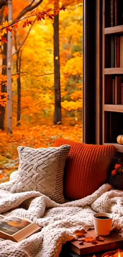 Cozy nook with blanket and autumn view.
