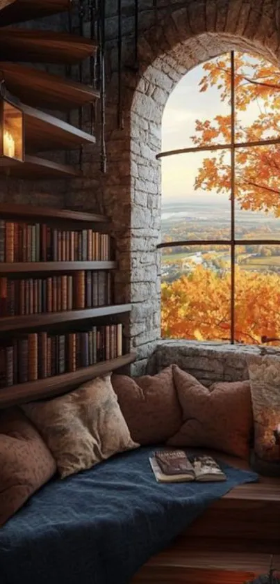 Cozy reading nook with autumn view and books.