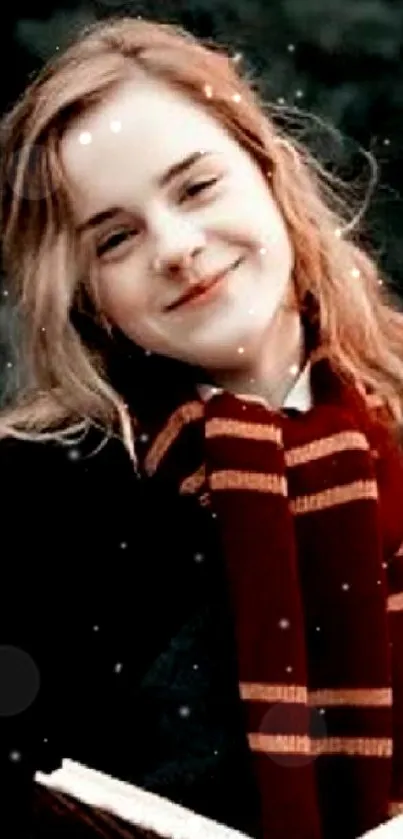 Young woman smiling with a book outdoors, wearing a dark red scarf.