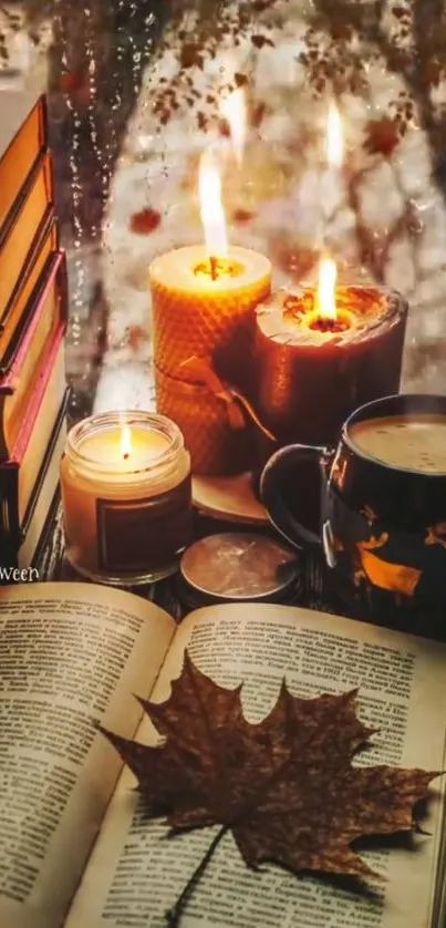 Autumn-themed wallpaper with books, candles, and warm cozy vibes.