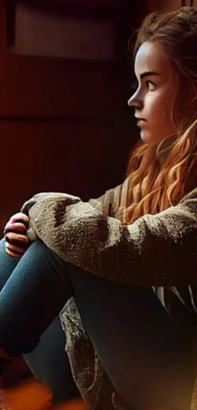 Woman in cozy sweater seated by window, autumn tones.