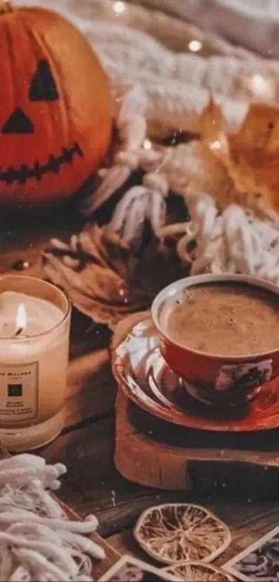 Autumn-themed cozy scene with pumpkins, candle, and coffee on wooden table.