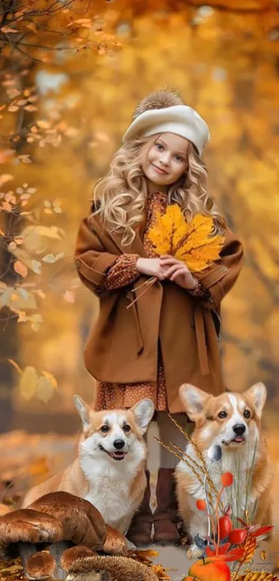 Child and corgis in autumn forest with golden leaves.