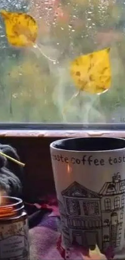 Cozy autumn scene with mug, candle, and falling leaves by a window.