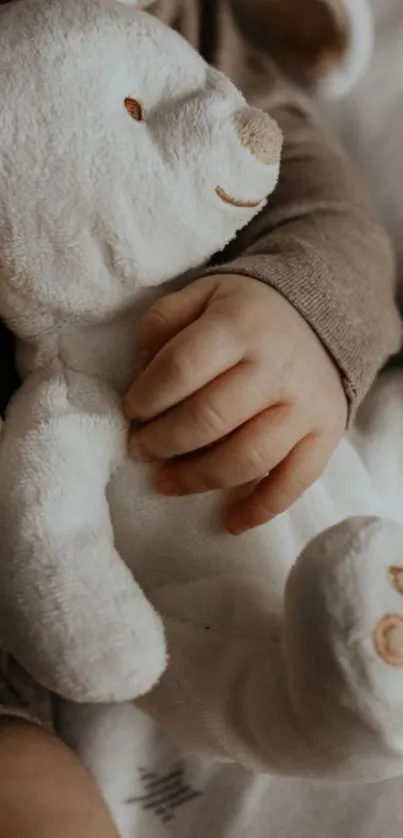 Baby holding a plush teddy bear in warm colors.