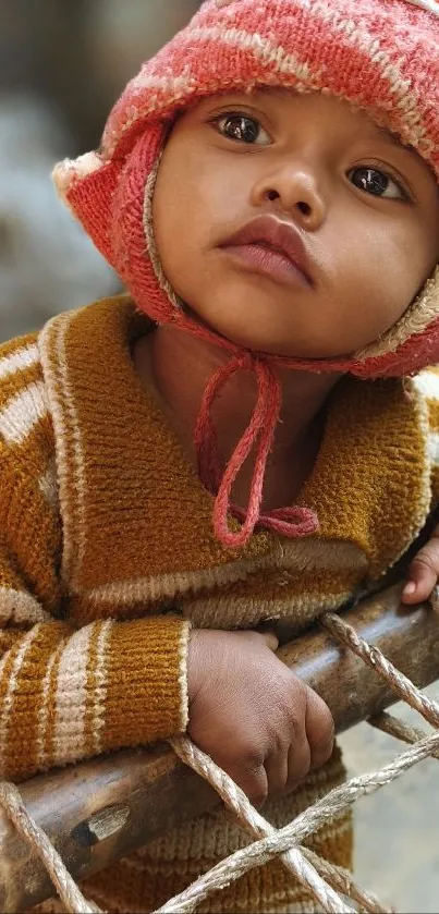 Adorable baby in a cozy knit hat and sweater leaning on wooden bars