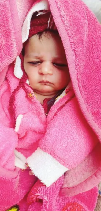 Adorable baby sleeping wrapped in a pink blanket.