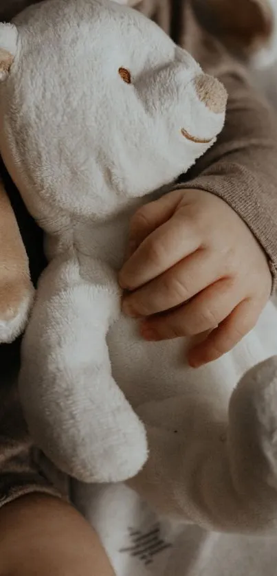 Baby holding plush bunny in cozy setting.