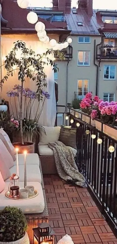 Cozy balcony with candles and evening lights.