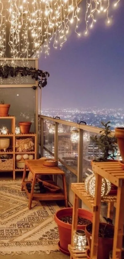 Cozy balcony with lights and cityscape view.