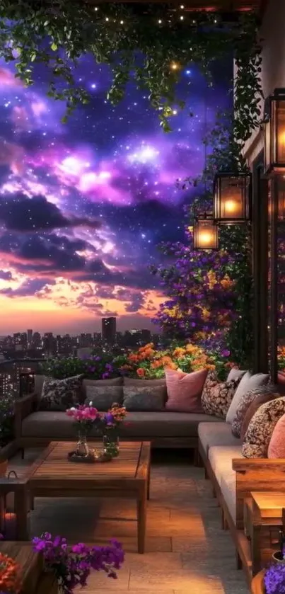 Cozy balcony under a vivid, starry night sky glowing with purple hues.