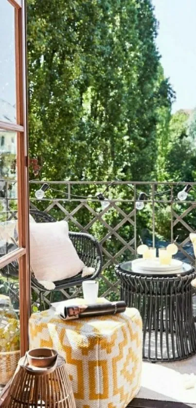 Cozy balcony with lush green trees and chic decor.