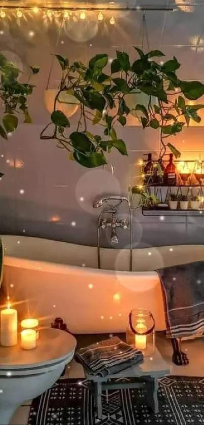 Cozy bathroom with candles, plants, and warm lighting.