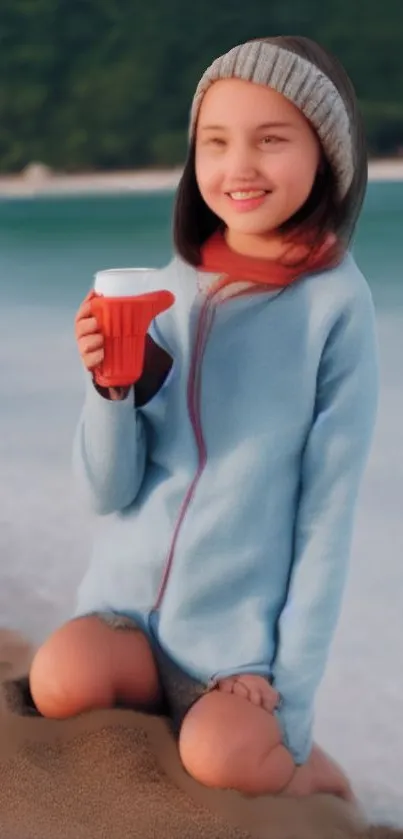 Girl in blue sweater enjoying a tranquil beach scene with a soothing background.