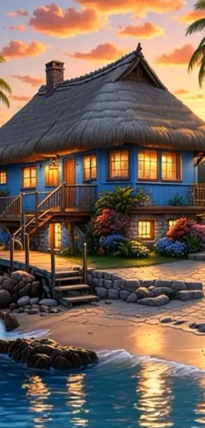 Cozy beachfront house at sunset with vibrant palm trees and ocean view.