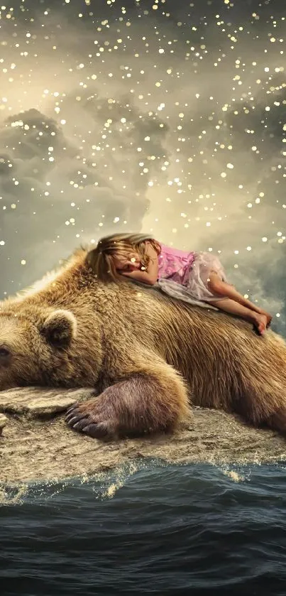 Girl peacefully sleeping on bear under dramatic sky.