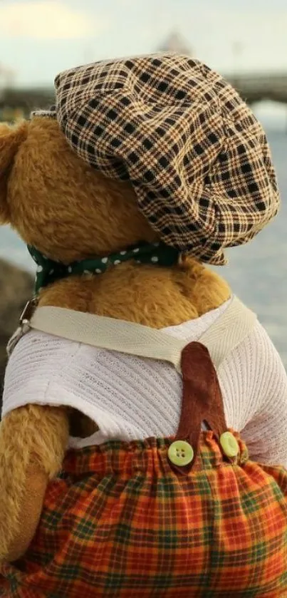 Teddy bear in plaid clothing by a serene lakeside.