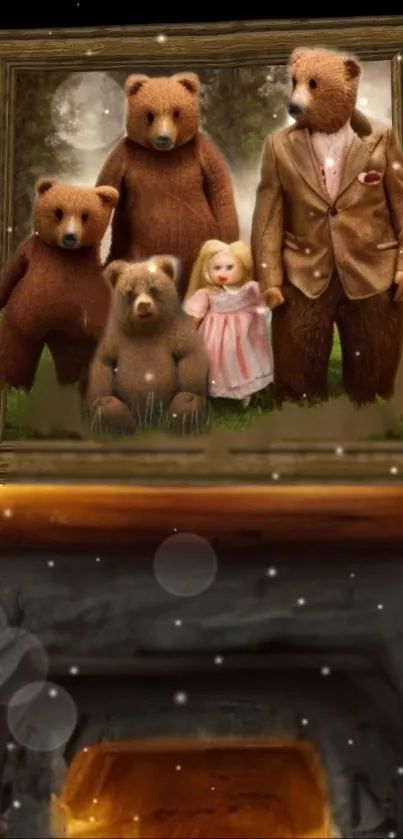 Whimsical bear family portrait above a rustic fireplace.