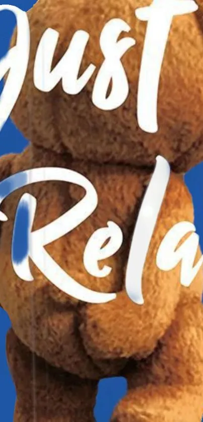 Teddy bear with 'Just Relax' text on blue background.