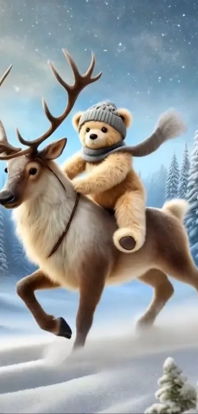 Teddy bear riding a reindeer in snow.