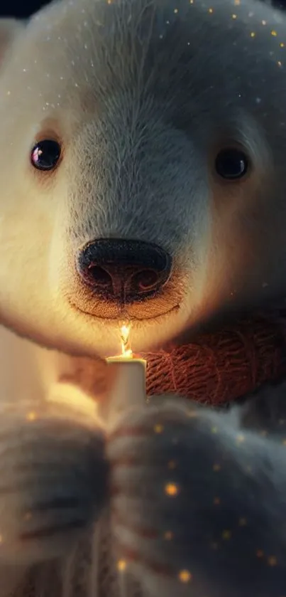 Cute polar bear holding a glowing candle.