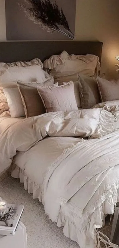 Cozy bedroom with beige tones and plush pillows, creating a serene, elegant ambiance.