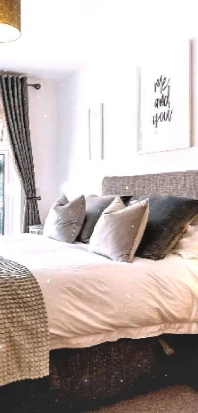 Cozy bedroom with stylish bed and serene color scheme.