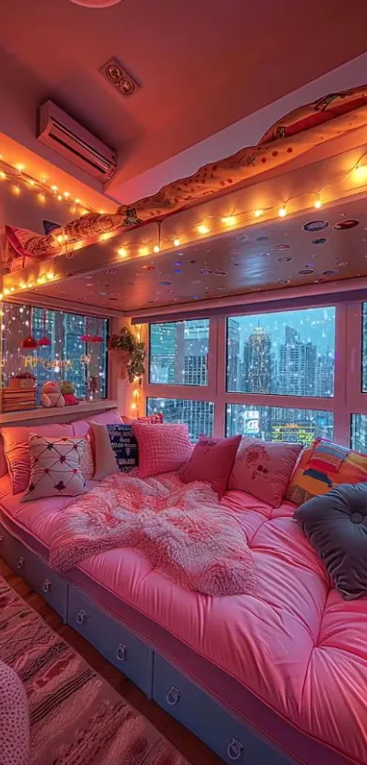 Cozy bedroom with a city view, adorned with fairy lights and plush bedding.