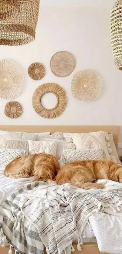 Cozy bedroom with sleeping dogs and neutral decor.