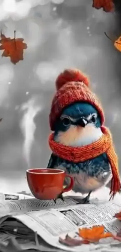 Blue bird with scarf and hat amidst falling autumn leaves.