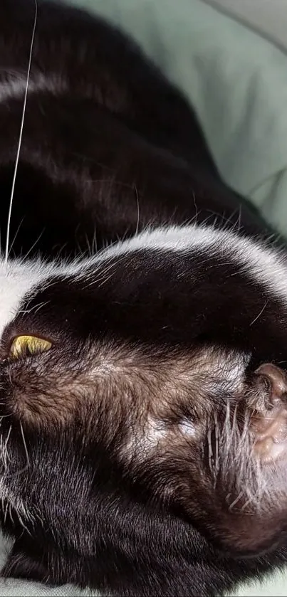 Relaxed black and white cat on green bedding.