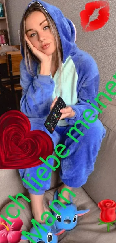 Girl in blue onesie holding remote, surrounded by playful emojis.