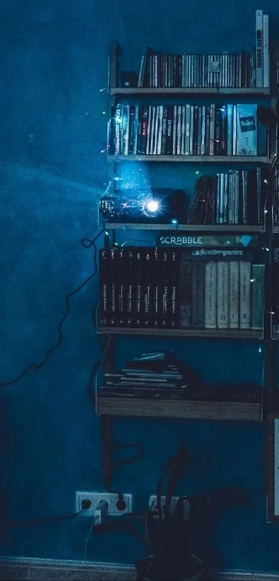 Cozy study nook with blue decor and bookshelf, perfect for mobile wallpaper.