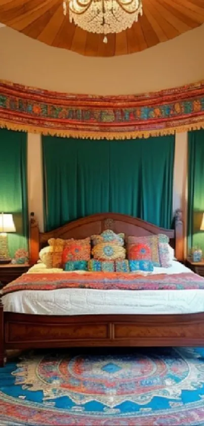 Vibrant Bohemian bedroom with teal drapes and colorful accents.
