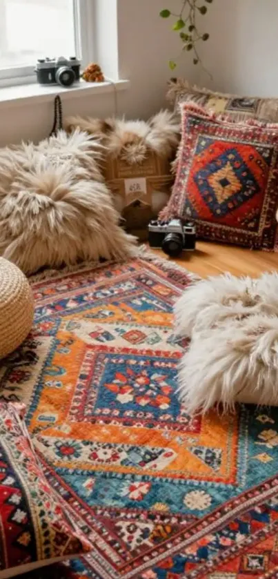 Bohemian room with colorful rugs and soft cushions, creating a cozy atmosphere.